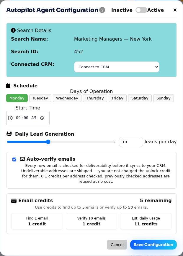 The Autopilot Agent Configuration modal with Auto-verify emails turned on
