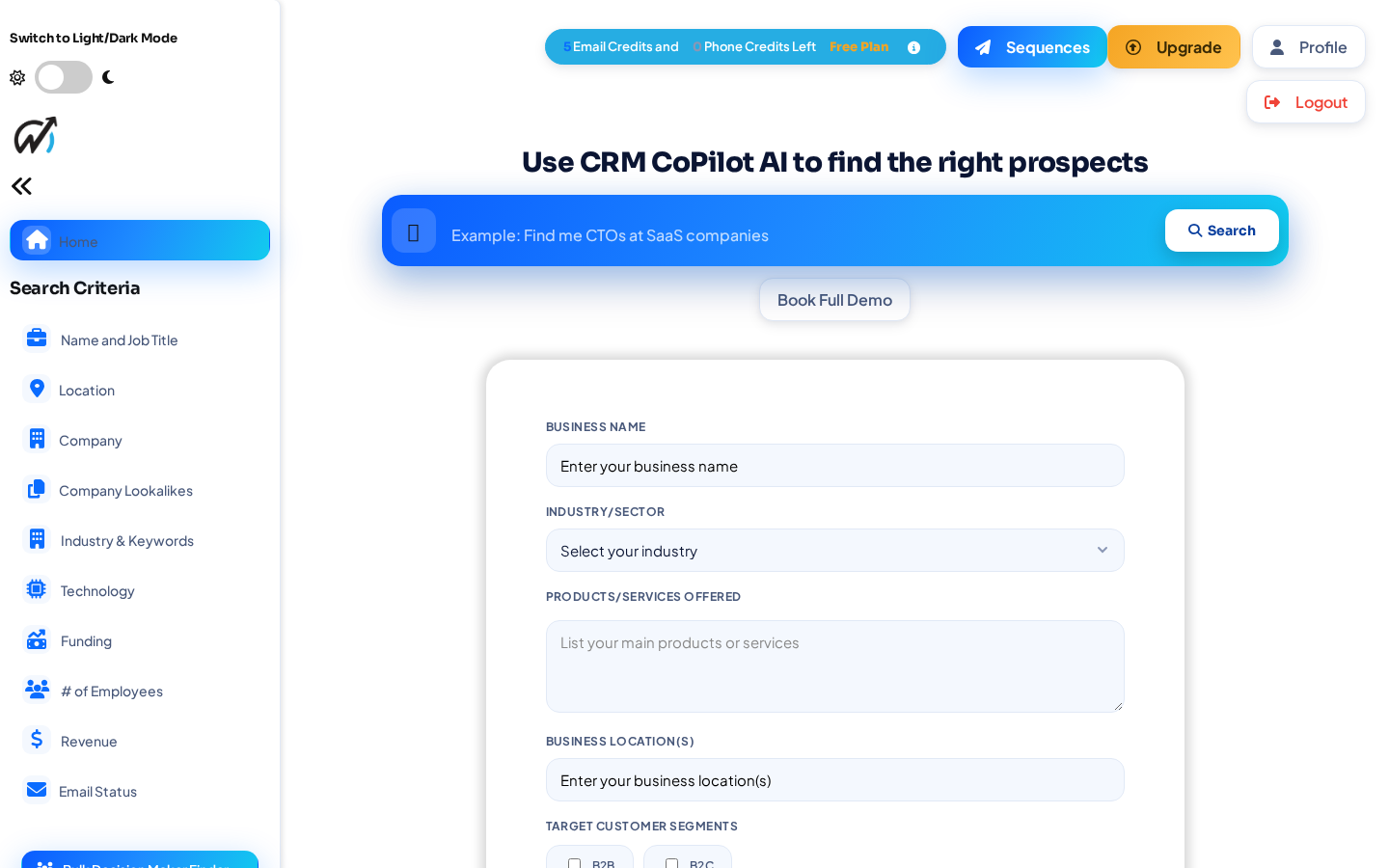 The redesigned prospect search page in light mode