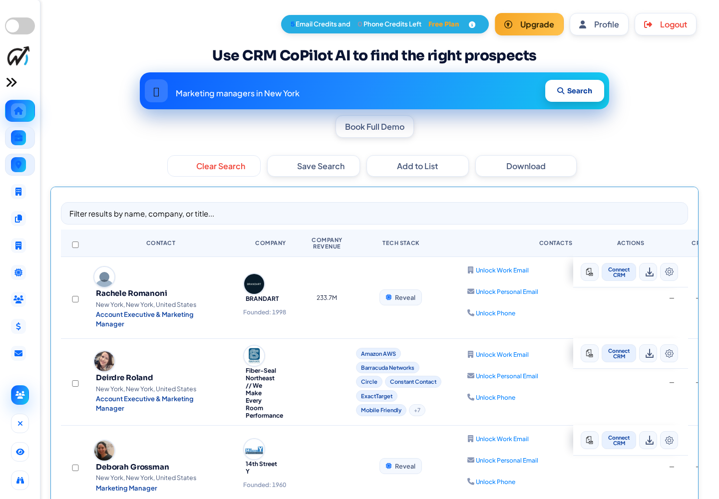 Search results with a Tech Stack column
