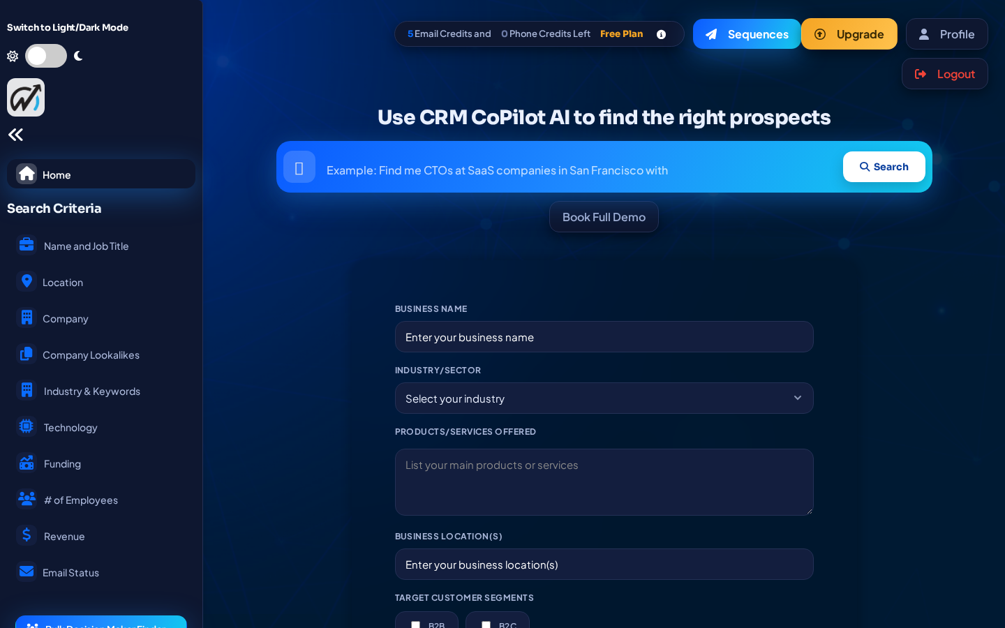 The search page in dark mode