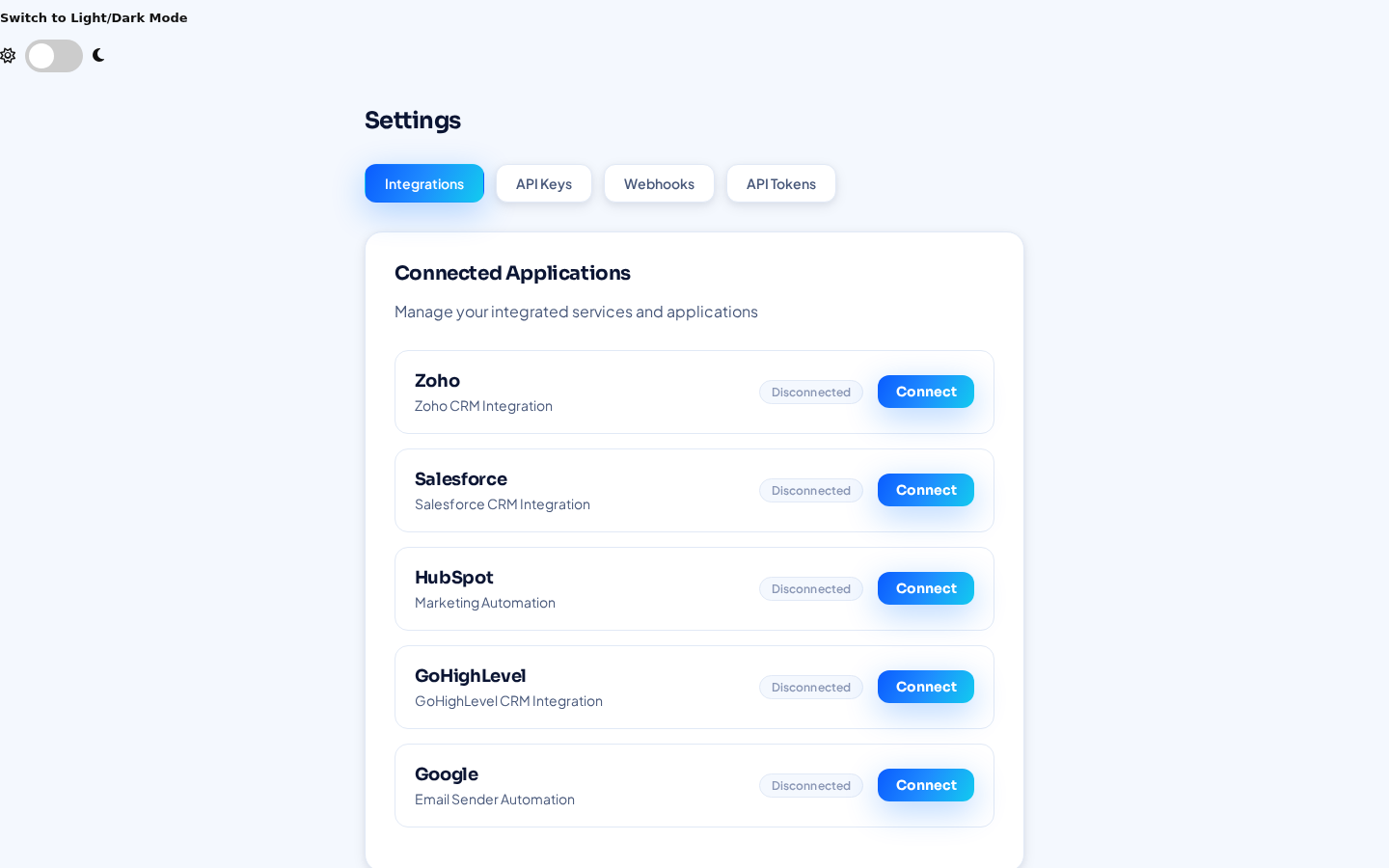 The Settings integrations screen